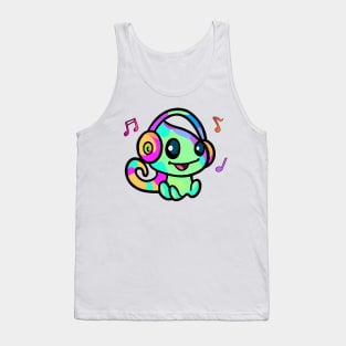 Happy smiling baby chameleon with headphones. Kawaii cartoon Tank Top